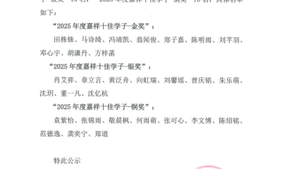 25年嘉祥十佳学子、优秀学子成长助力奖学金评奖公告